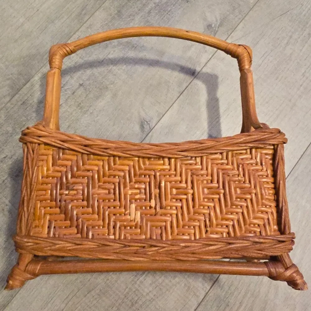 Vintage Bamboo Wicker Basket Utensil Caddy Storage Bohemian Organizer